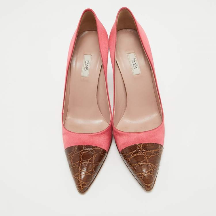 Pre Owned Prada Pink/Brown Satin and Croc Leather Cap Toe Pointed Toe Pumps Size 36.5