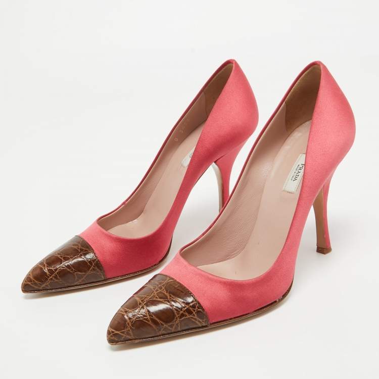 Pre Owned Prada Pink/Brown Satin and Croc Leather Cap Toe Pointed Toe Pumps Size 36.5