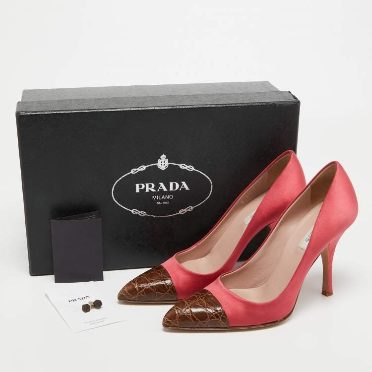 Pre Owned Prada Pink/Brown Satin and Croc Leather Cap Toe Pointed Toe Pumps Size 36.5