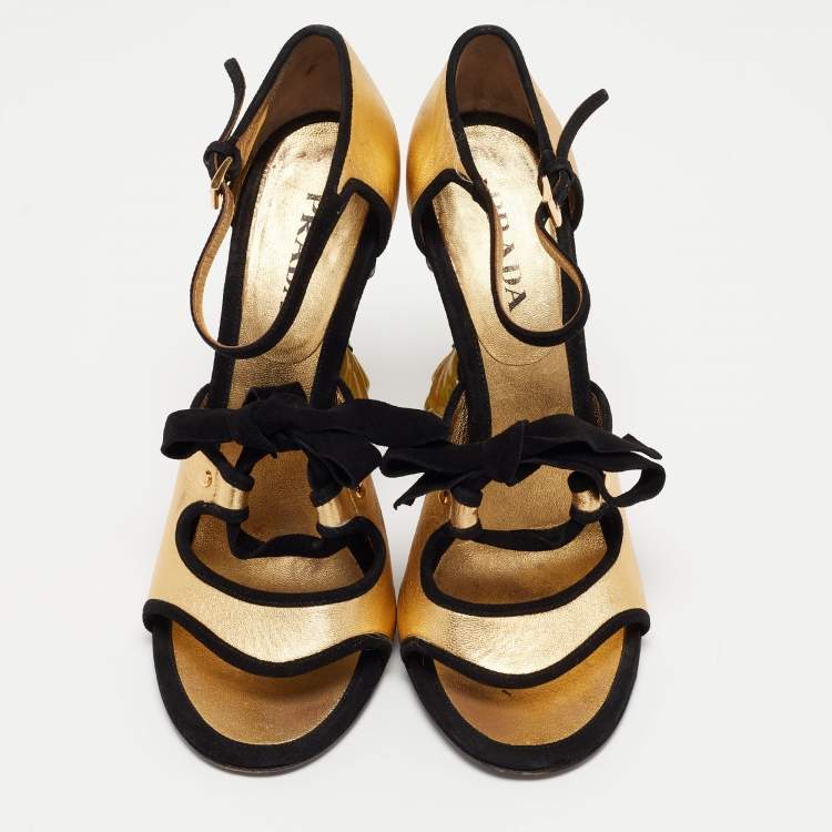 Pre Owned Prada Gold/Black Leather and Suede Floral Heel Ankle Strap Sandals Size 39