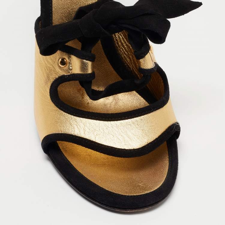 Pre Owned Prada Gold/Black Leather and Suede Floral Heel Ankle Strap Sandals Size 39