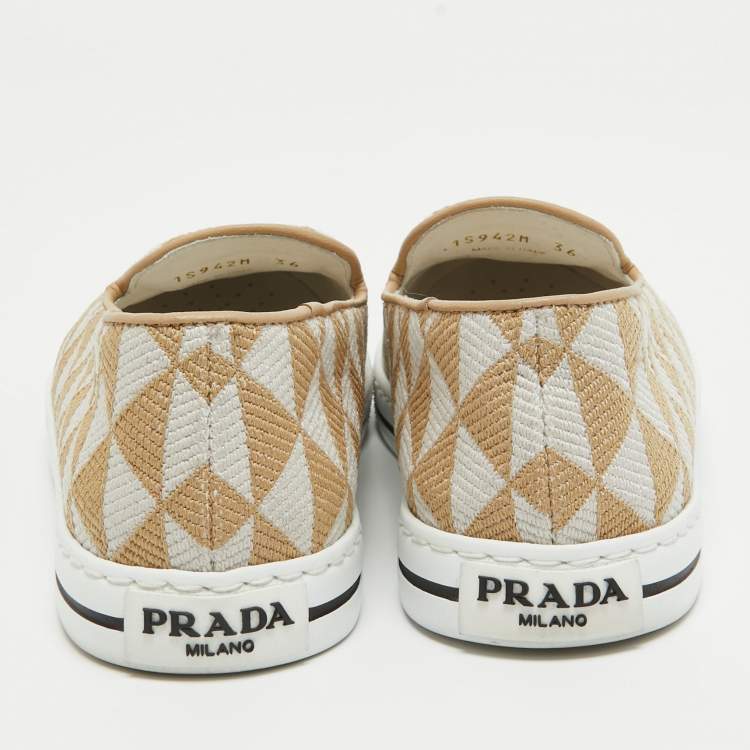 Pre Owned Prada Beige/White Canvas Slip On Sneakers Size 36