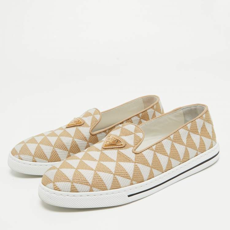 Pre Owned Prada Beige/White Canvas Slip On Sneakers Size 36