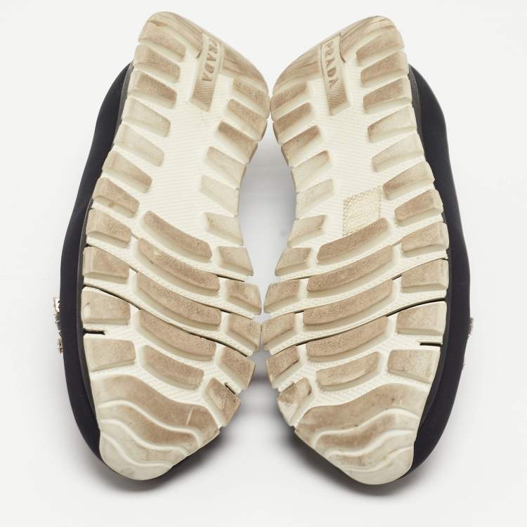 Pre Owned Prada Black Neoprene Crystal Embellished Slip On Sneakers Size 37.5