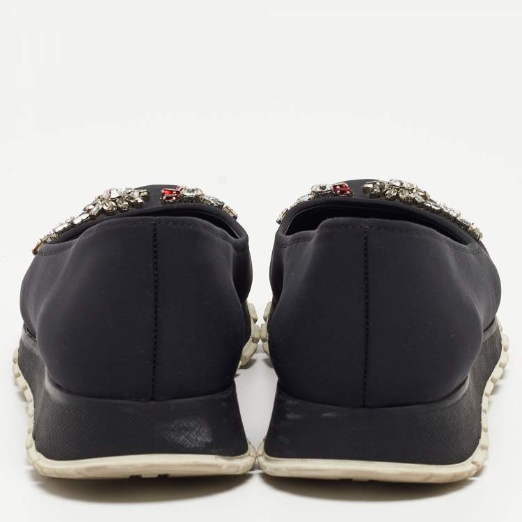 Pre Owned Prada Black Neoprene Crystal Embellished Slip On Sneakers Size 37.5