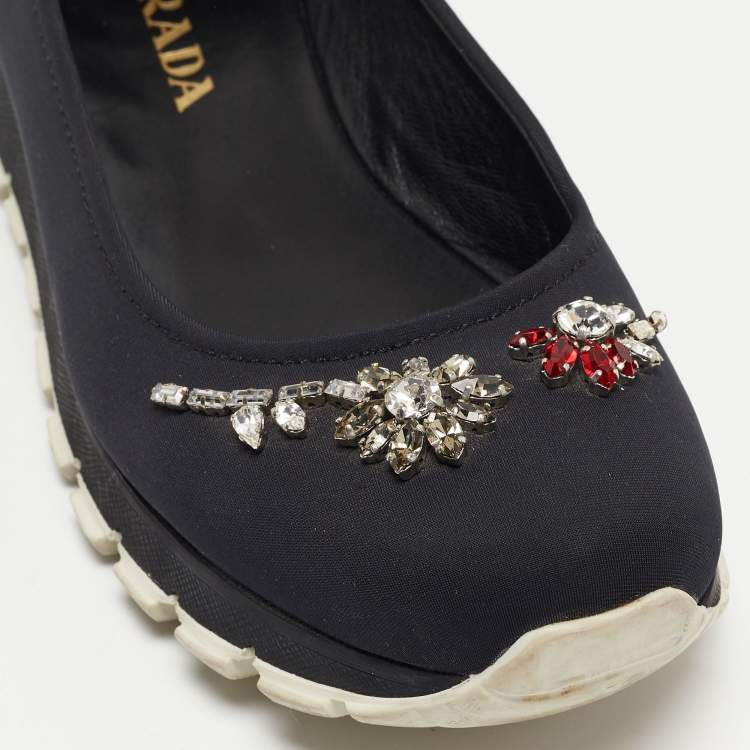 Pre Owned Prada Black Neoprene Crystal Embellished Slip On Sneakers Size 37.5