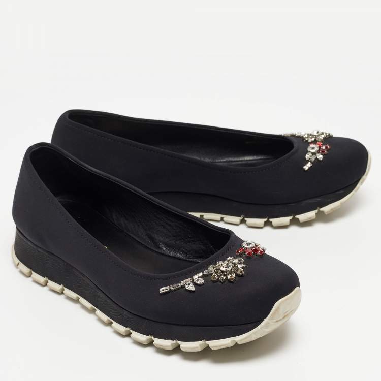 Pre Owned Prada Black Neoprene Crystal Embellished Slip On Sneakers Size 37.5