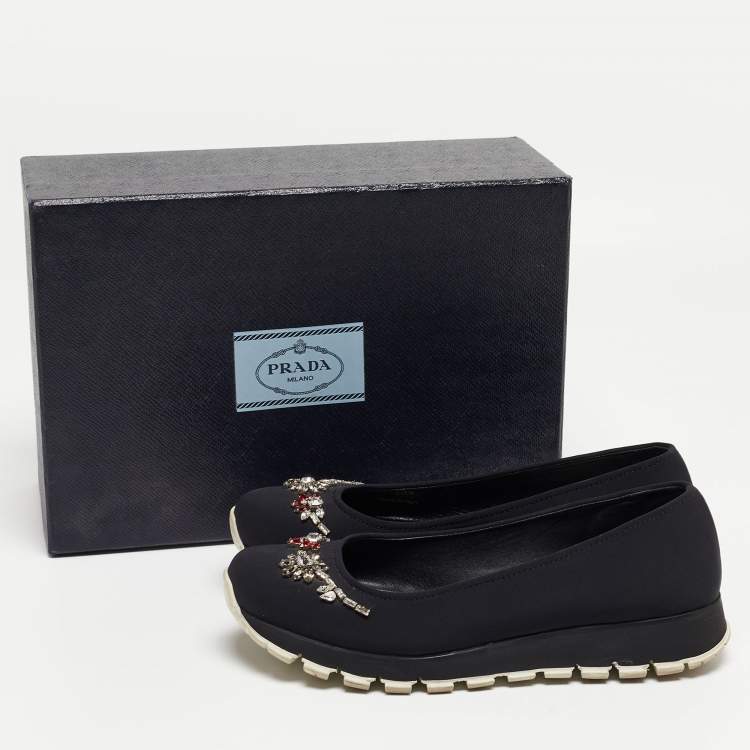 Pre Owned Prada Black Neoprene Crystal Embellished Slip On Sneakers Size 37.5