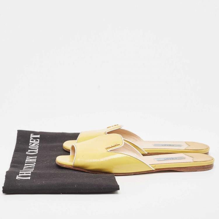 Pre Owned Prada Yellow Saffiano Vernice Leather Flat Slides Size 36