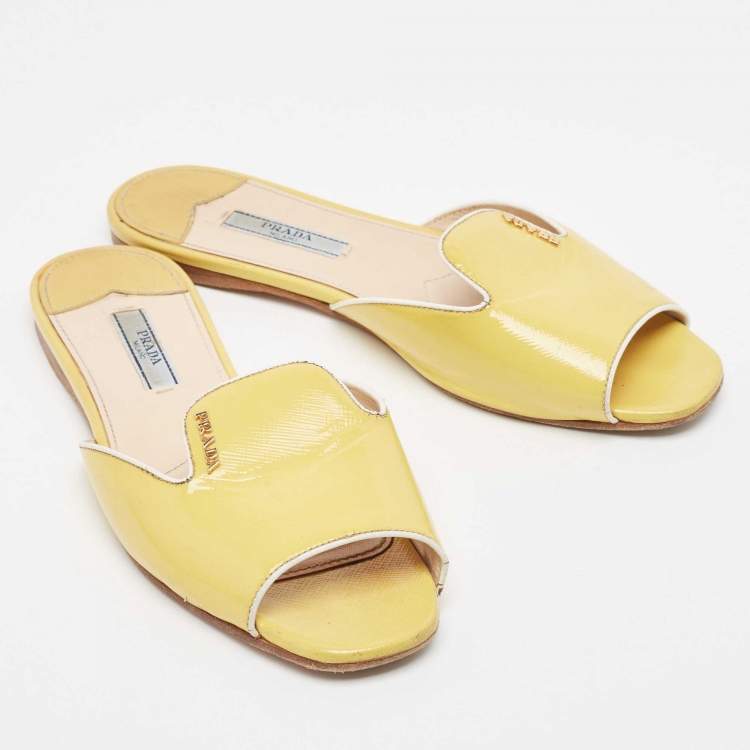 Pre Owned Prada Yellow Saffiano Vernice Leather Flat Slides Size 36