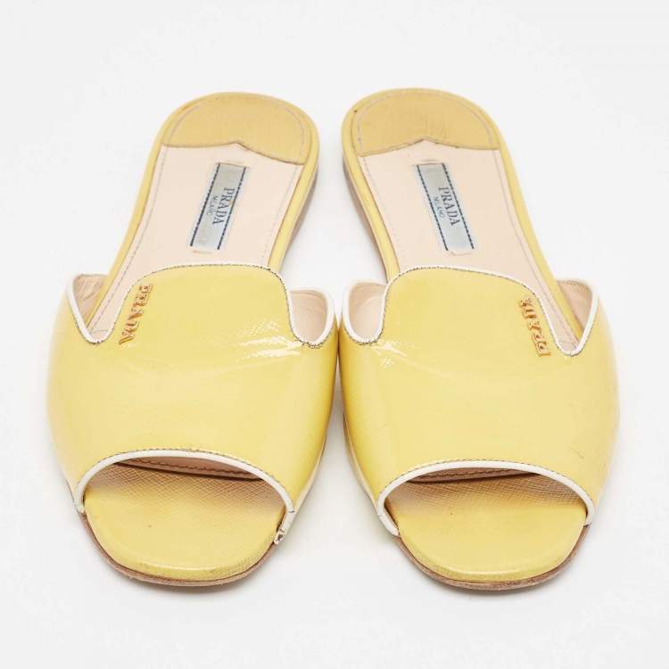 Pre Owned Prada Yellow Saffiano Vernice Leather Flat Slides Size 36