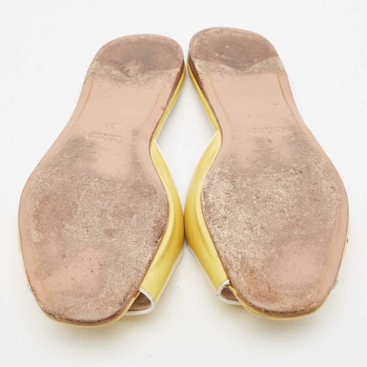 Pre Owned Prada Yellow Saffiano Vernice Leather Flat Slides Size 36