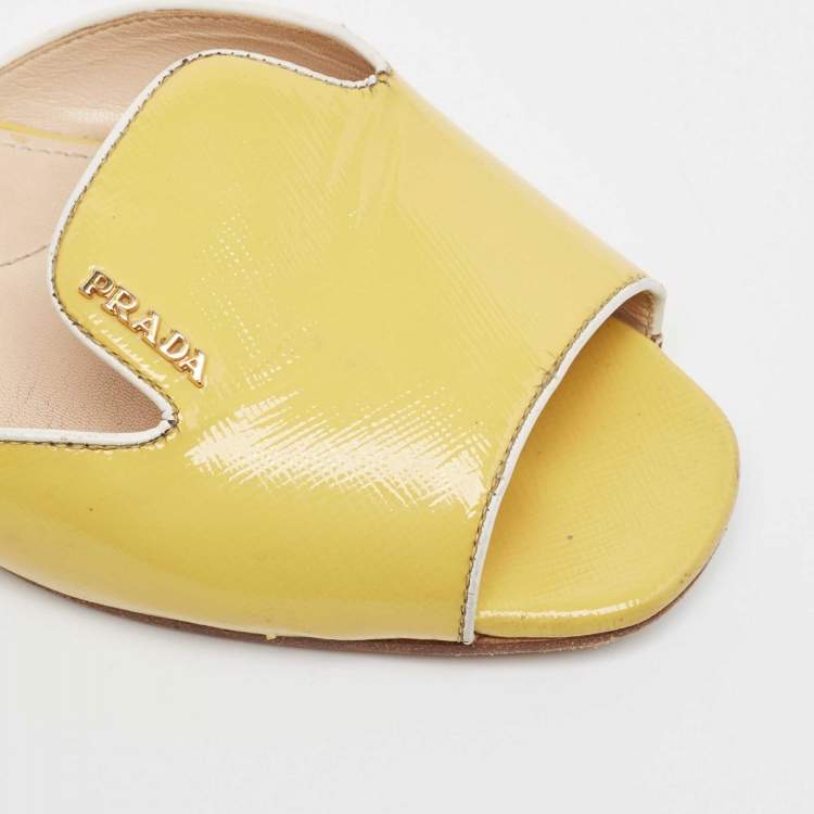 Pre Owned Prada Yellow Saffiano Vernice Leather Flat Slides Size 36