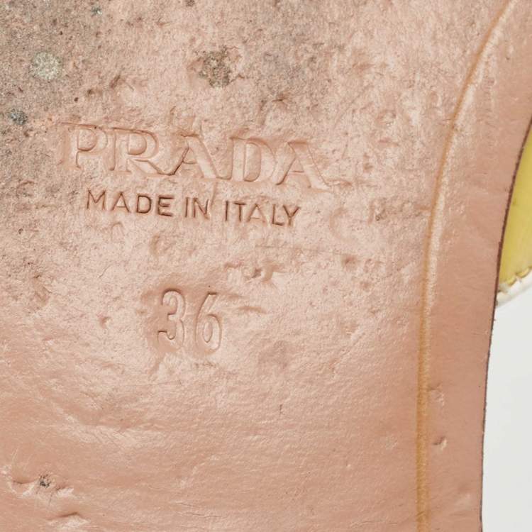 Pre Owned Prada Yellow Saffiano Vernice Leather Flat Slides Size 36