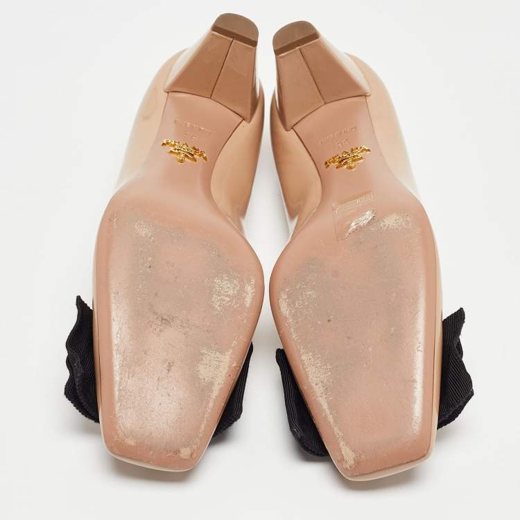 Pre Owned Prada Beige Patent Leather Crystal Embellished Bow Pumps Size 36