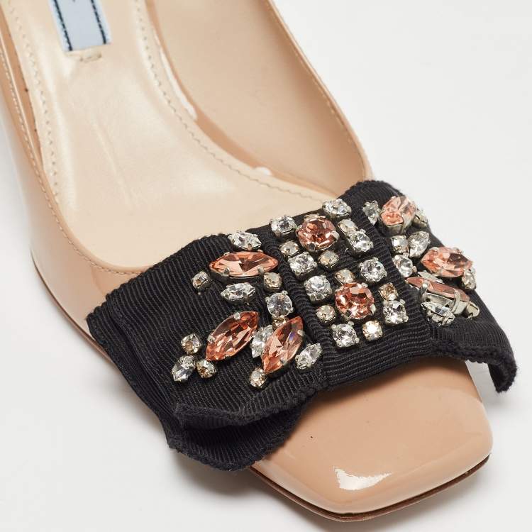Pre Owned Prada Beige Patent Leather Crystal Embellished Bow Pumps Size 36