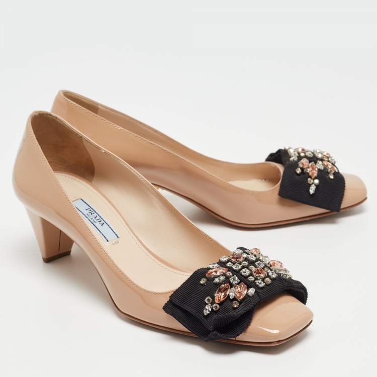 Pre Owned Prada Beige Patent Leather Crystal Embellished Bow Pumps Size 36