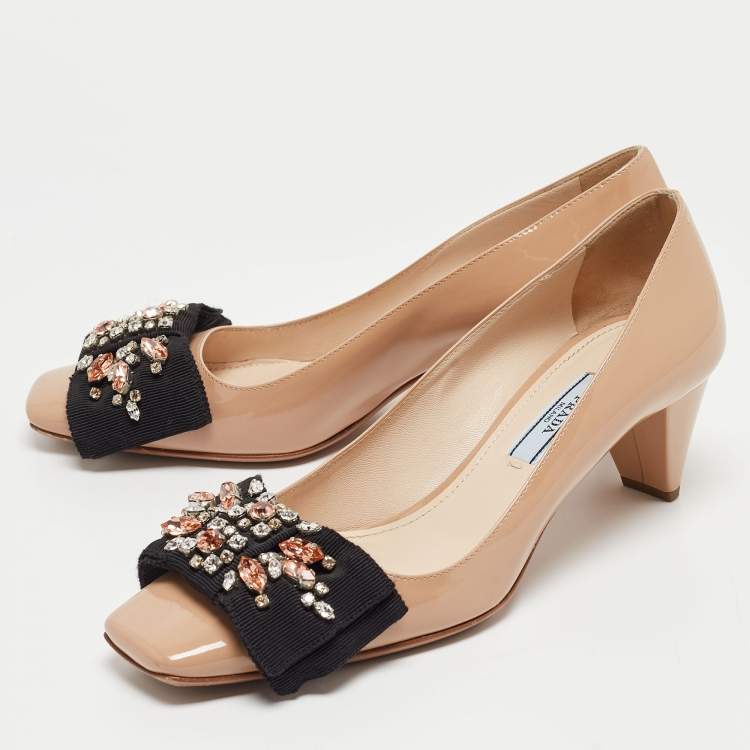 Pre Owned Prada Beige Patent Leather Crystal Embellished Bow Pumps Size 36