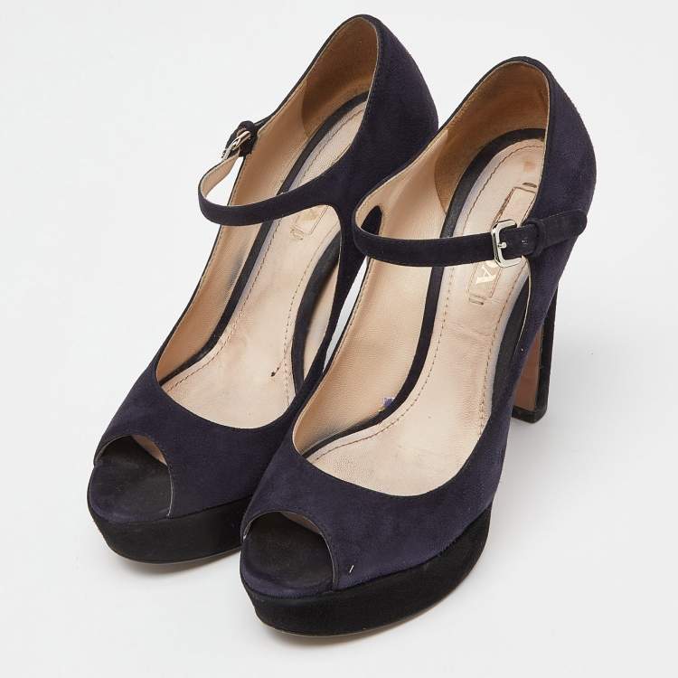Pre Owned Prada Blue/Black Suede Platform Ankle Strap Sandals Size 39.5