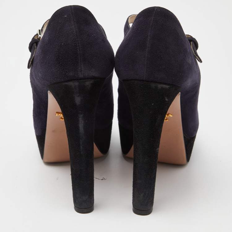 Pre Owned Prada Blue/Black Suede Platform Ankle Strap Sandals Size 39.5