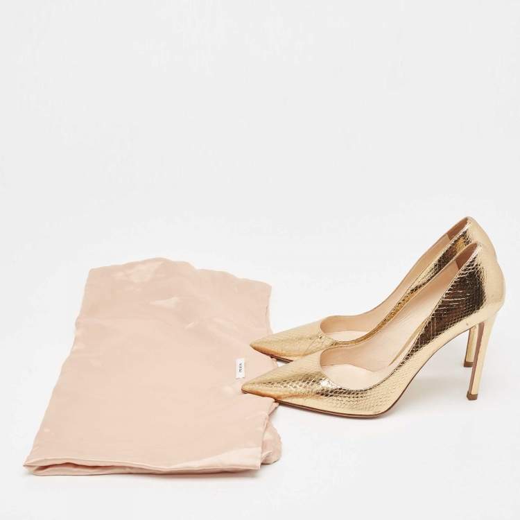 Pre Owned Prada Gold Python Embossed Leather Pointed Toe Pumps Size 37.5