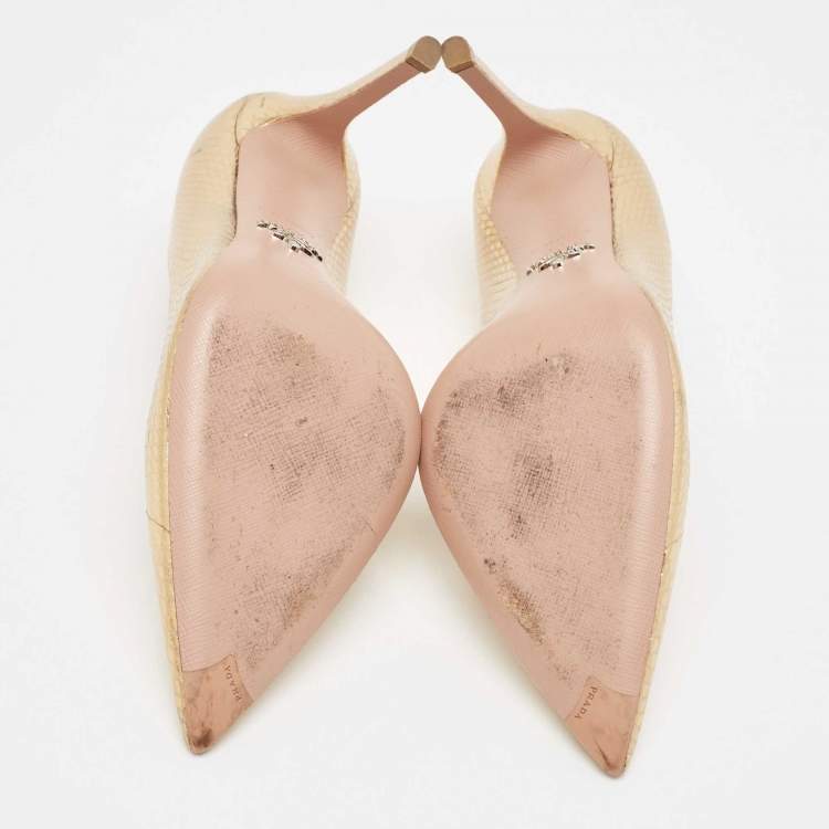 Pre Owned Prada Gold Python Embossed Leather Pointed Toe Pumps Size 37.5