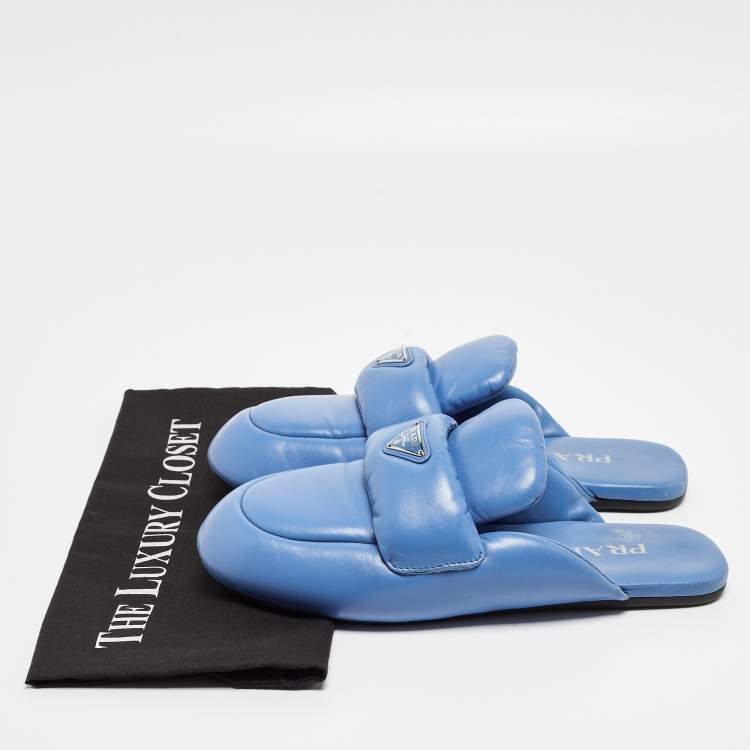 Pre Owned Prada Blue Leather Pantofole Padded Flat Mules Size 39