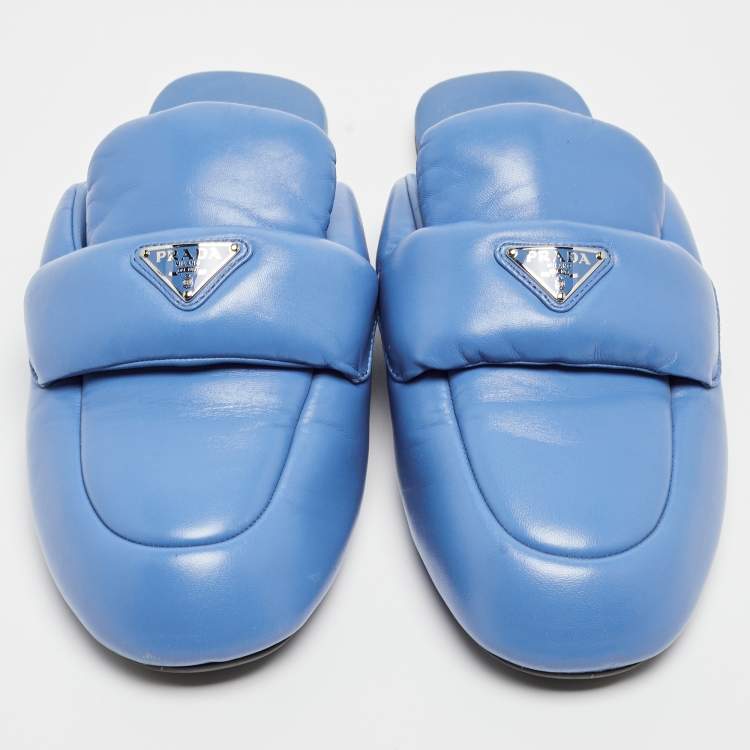 Pre Owned Prada Blue Leather Pantofole Padded Flat Mules Size 39