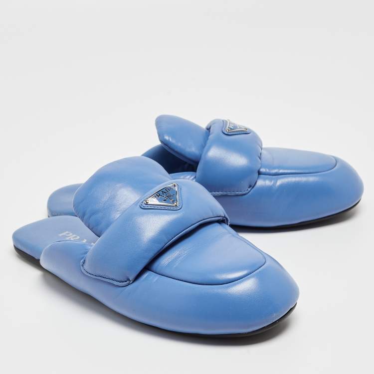 Pre Owned Prada Blue Leather Pantofole Padded Flat Mules Size 39