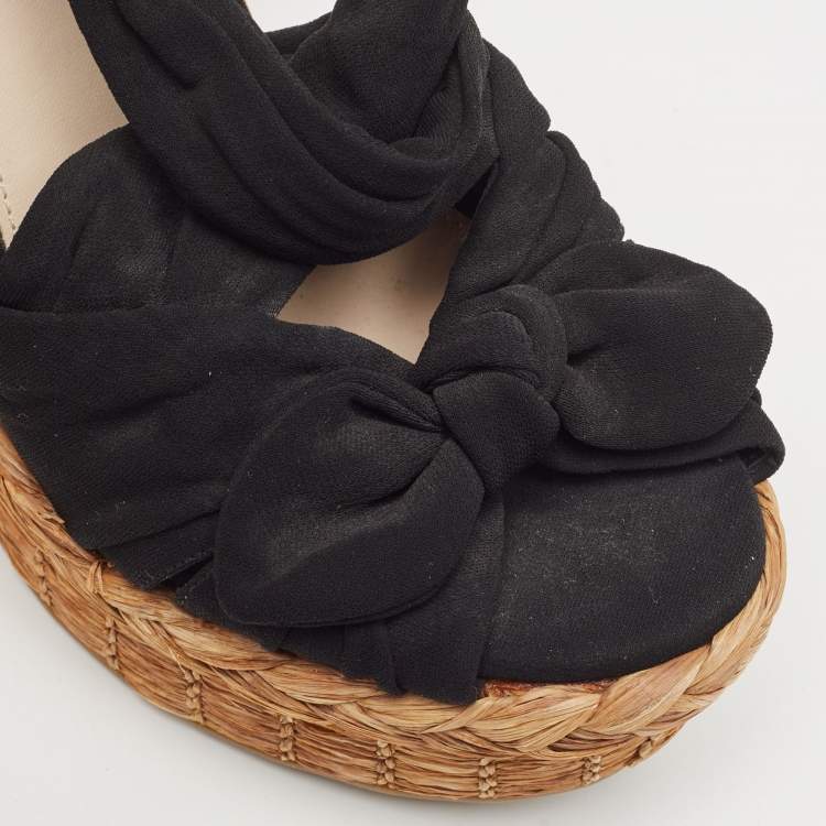 Pre Owned Prada Black Fabric Knotted Bow Raffia Wedge Platform Sandals Size 36