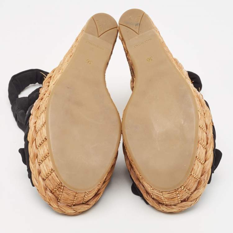 Pre Owned Prada Black Fabric Knotted Bow Raffia Wedge Platform Sandals Size 36