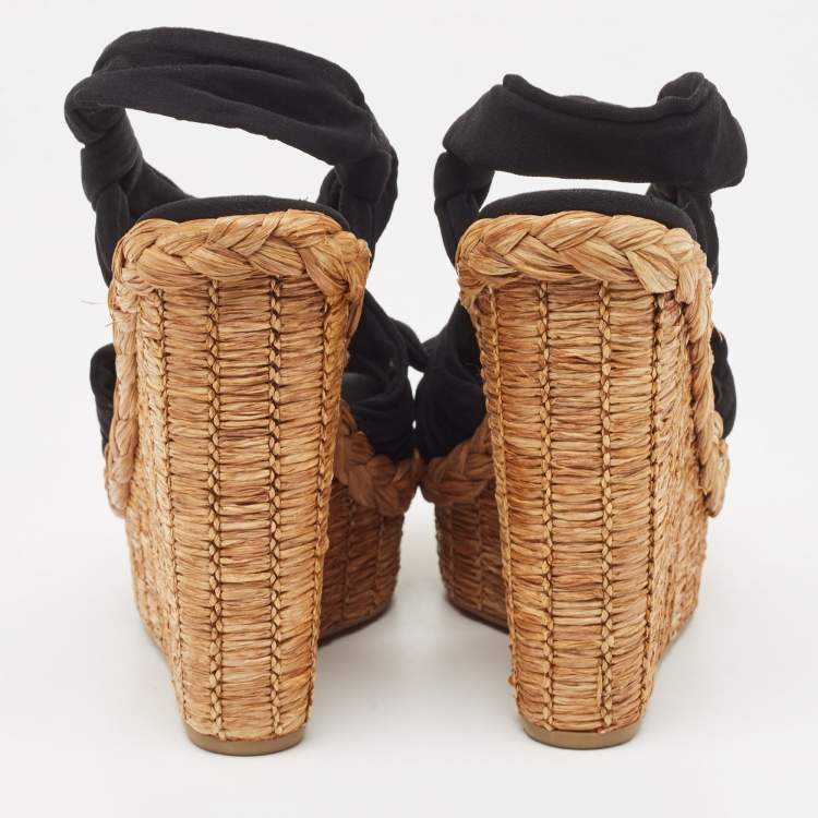 Pre Owned Prada Black Fabric Knotted Bow Raffia Wedge Platform Sandals Size 36