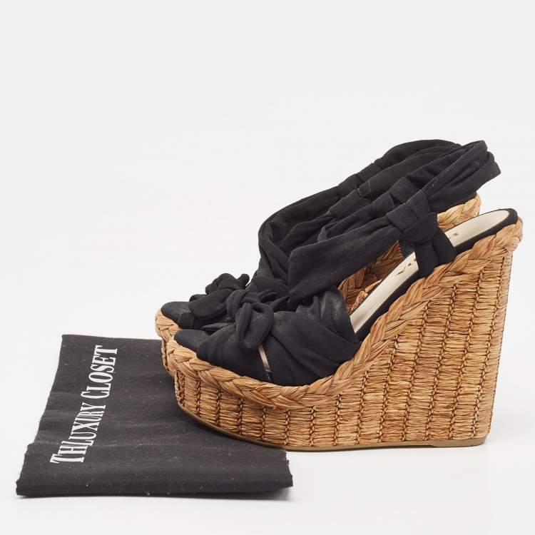 Pre Owned Prada Black Fabric Knotted Bow Raffia Wedge Platform Sandals Size 36