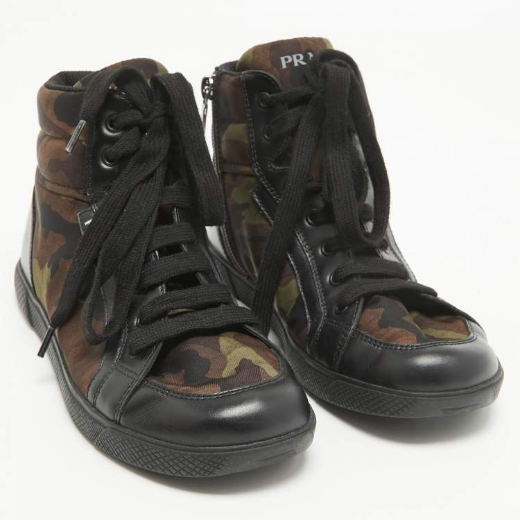 Pre Owned Prada Tricolor Leather and Camo Print Nylon High Top Sneakers Size 35