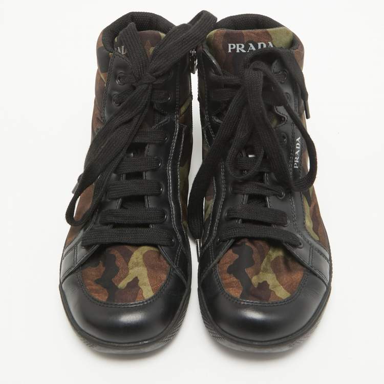 Pre Owned Prada Tricolor Leather and Camo Print Nylon High Top Sneakers Size 35