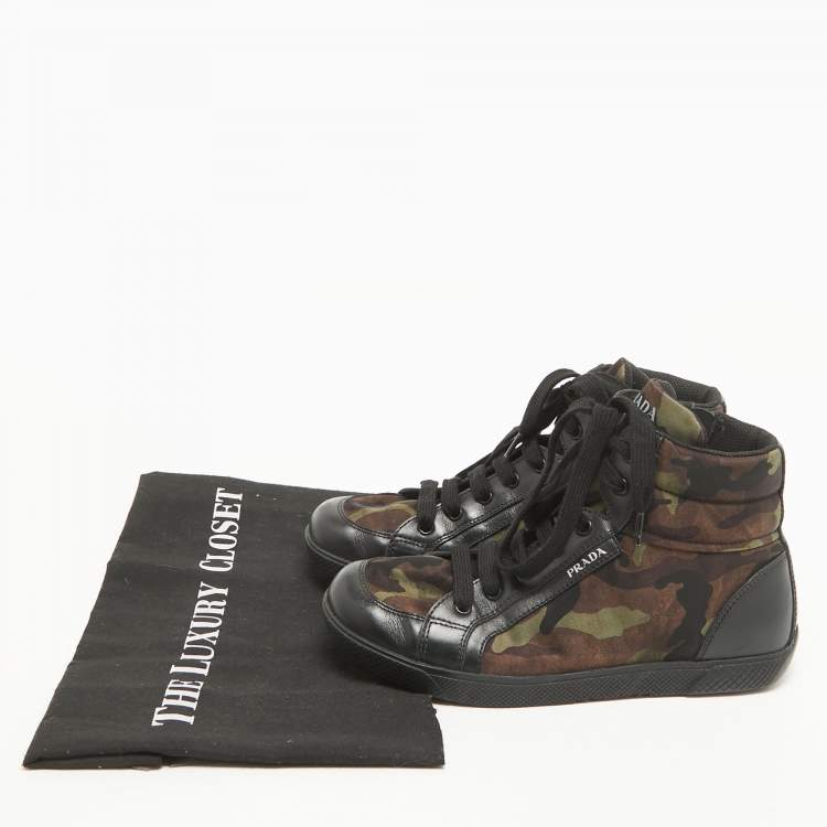 Pre Owned Prada Tricolor Leather and Camo Print Nylon High Top Sneakers Size 35