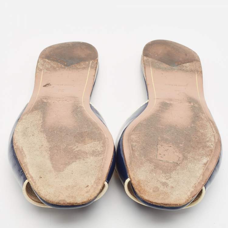 Pre Owned Gucci Navy Blue Vernice Saffiano Leather Flat Slides Size 36