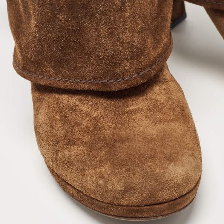 Pre Owned Prada Brown Suede Buckle Ankle Boots Size 39.5