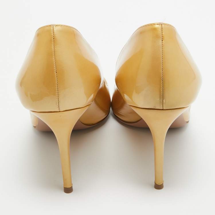 Pre Owned Prada Gold Patent Leather Peep Toe Pumps Size 40.5