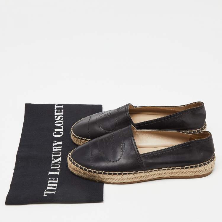 Pre Owned Prada Black Leather Espadrille Flats Size 35.5