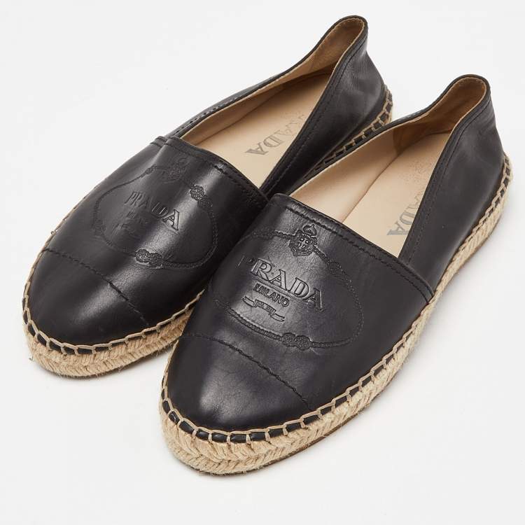 Pre Owned Prada Black Leather Espadrille Flats Size 35.5