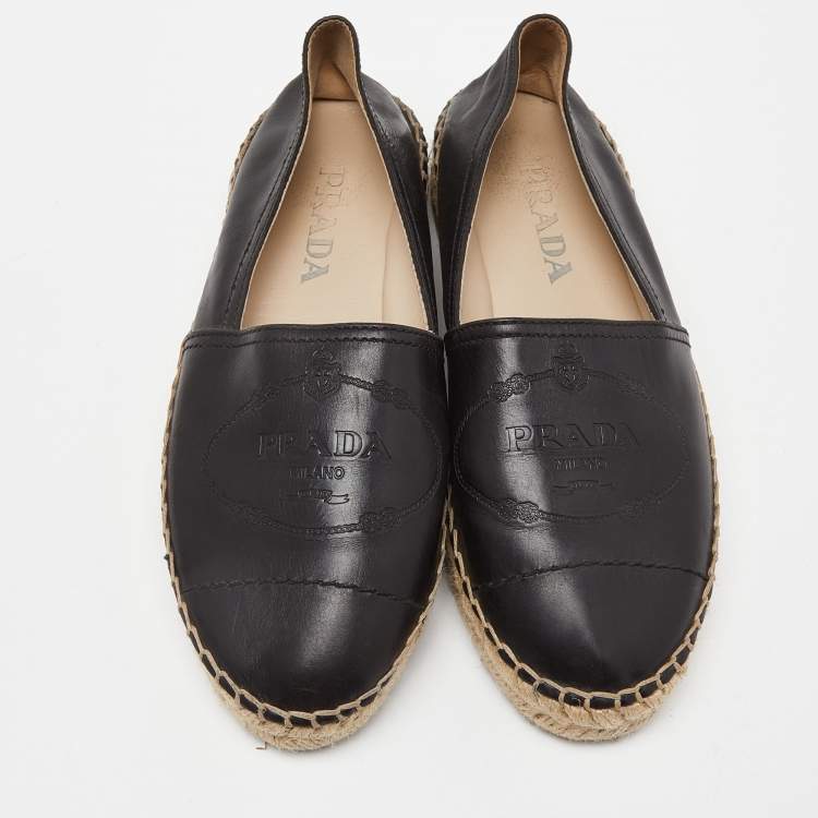 Pre Owned Prada Black Leather Espadrille Flats Size 35.5