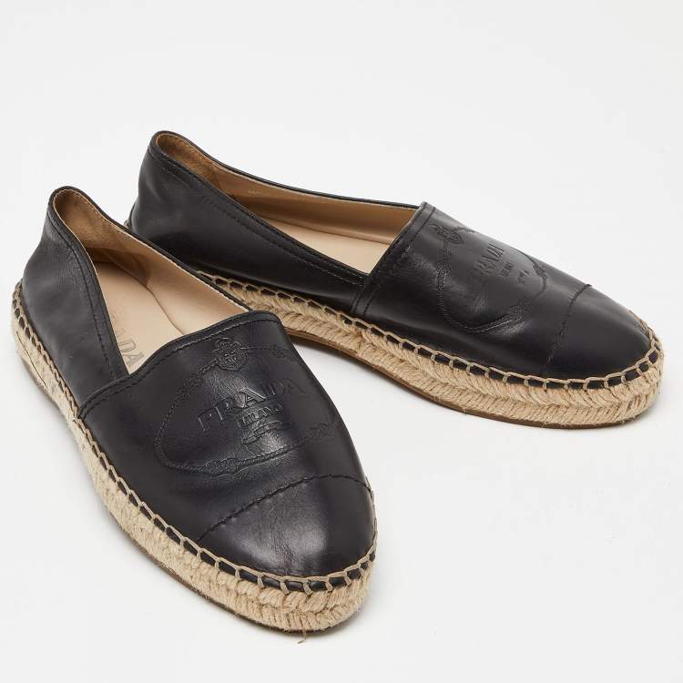 Pre Owned Prada Black Leather Espadrille Flats Size 35.5