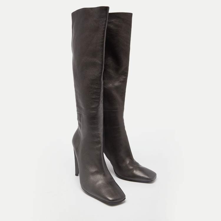 Pre Owned Prada Black Leather Heel Knee Length Boots Size 39