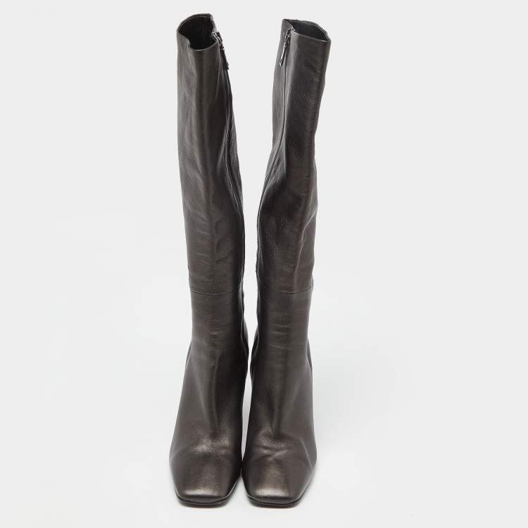 Pre Owned Prada Black Leather Heel Knee Length Boots Size 39