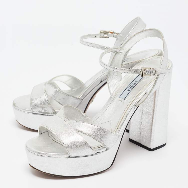 Pre Owned Prada Metallic Silver Leather Ankle Strap Platform Sandals Size 37.5