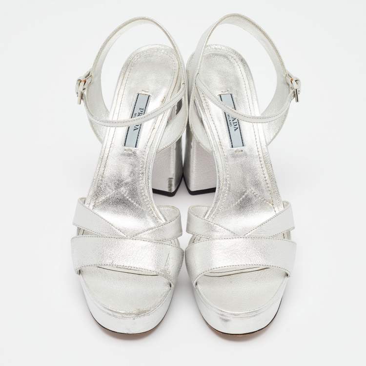 Pre Owned Prada Metallic Silver Leather Ankle Strap Platform Sandals Size 37.5