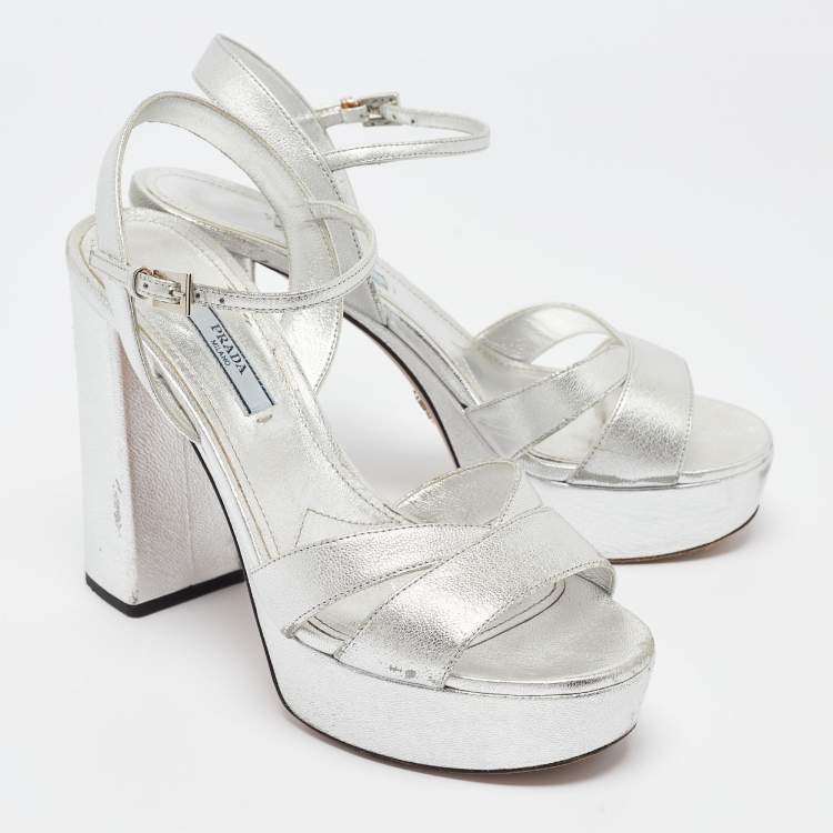 Pre Owned Prada Metallic Silver Leather Ankle Strap Platform Sandals Size 37.5