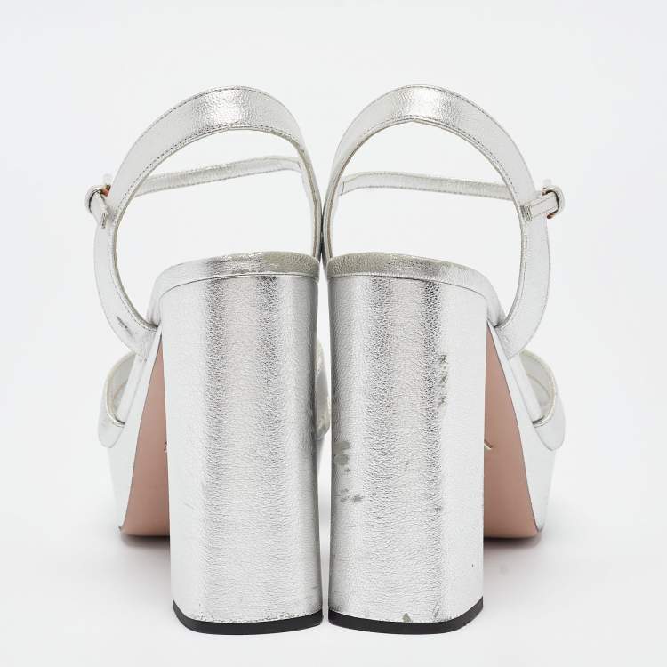 Pre Owned Prada Metallic Silver Leather Ankle Strap Platform Sandals Size 37.5