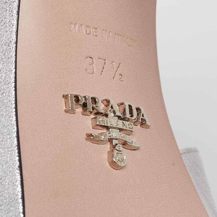 Pre Owned Prada Metallic Silver Leather Ankle Strap Platform Sandals Size 37.5